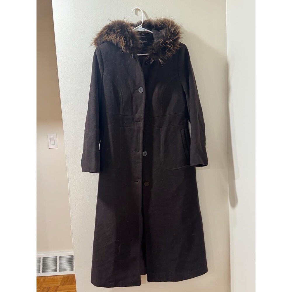 Albert Nipon Wool Jacket Brown Peacoat Faux Fur Collar Button Up VTG Size 6